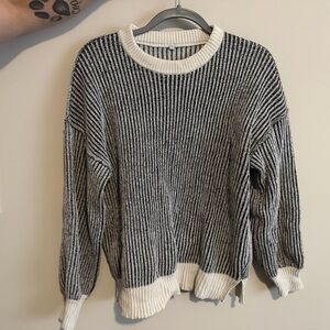 Black and White Striped Crew Neck Sweater